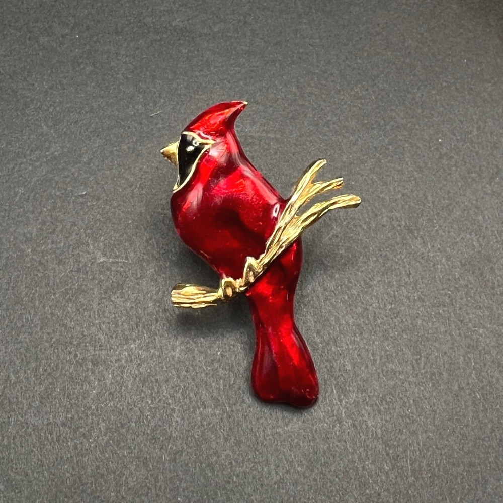 Vintage Cardinal Bird Brooch Red Enamel Gold Tone Branch Nature Pin Winter